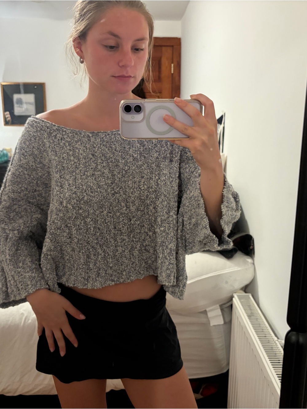 Free People Heather Gray Off-the-Shoulder Cropped Sweater
